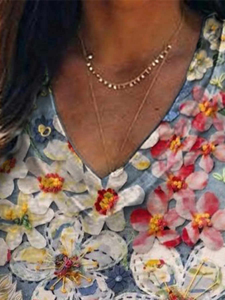 Mujer Camiseta Estampado Floral Pintada Bohemia Vintage Casual Manga Corta Escote en Pico Tops regulares Diario Azul Piscina Verano Primavera 2026 - $21.99 –P2