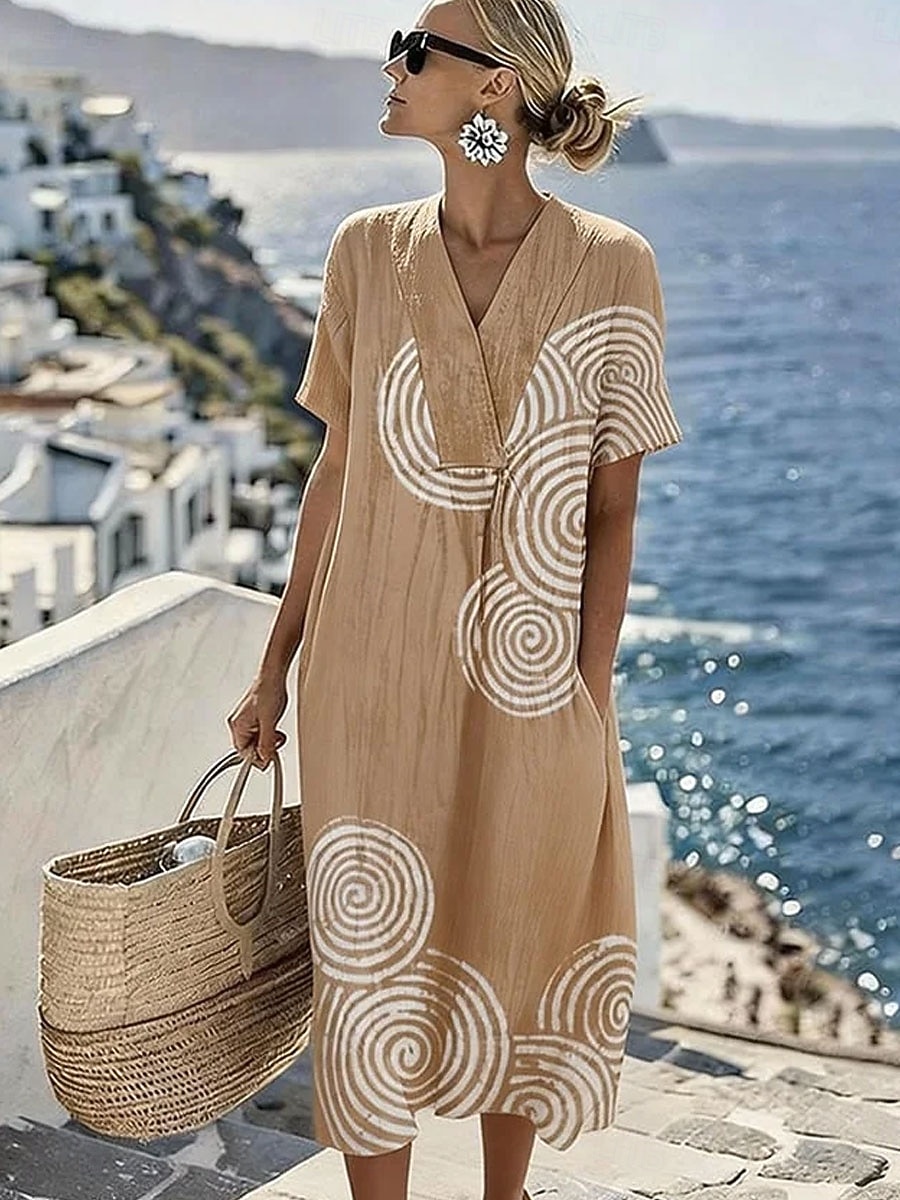 Dame Midikjole Solkjole Kjole med A-linje Ferie Fritid Strandstil Strand Fest Løstsittende Grafisk Geometrisk Kortermet V-hals Blå Lilla Grønn Kakifarget Sommer Vår 2026 - $15.99 –P1