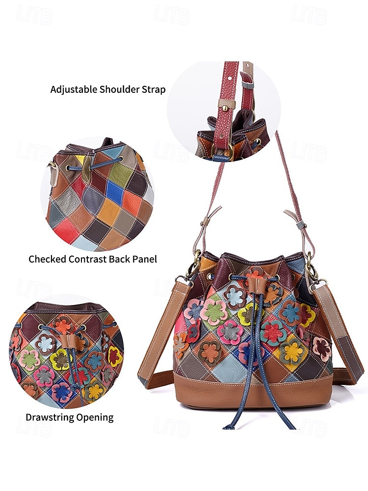 női bohém bőr vödörtáska, többszínű virágmintával, sokoldalú viselet, állítható vállpántok, tökéletes a mindennapi használatra 2026 - $54.99 –P10