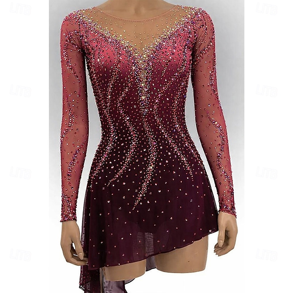 Kjole til kunstløp Dame Skøyteløp Kjoler Burgunder Lapper Åben Ryg Elastisk Trening Konkurranse Skøyteklær Klassisk Krystall / Rhinstein Langermet Skøyting Kunstløp 2026 - $397.79 –P1