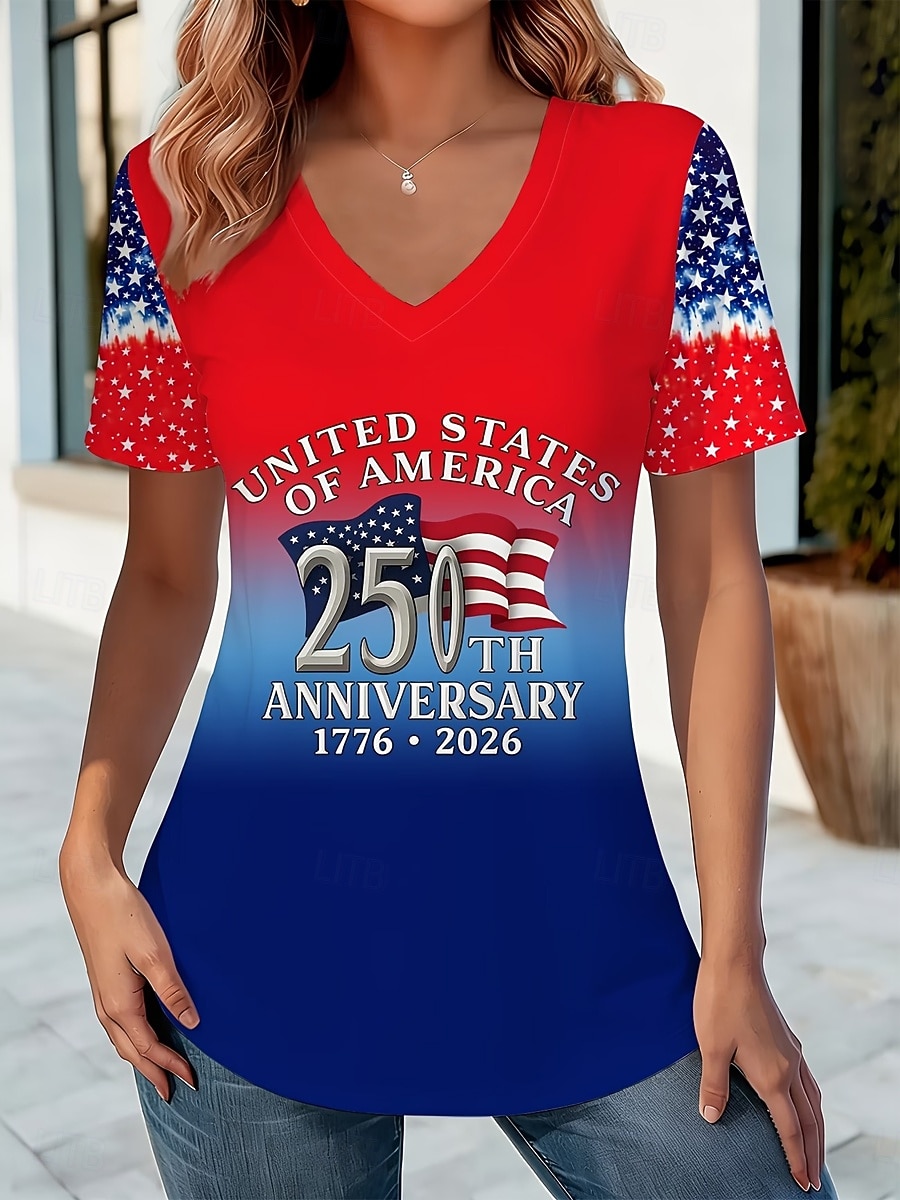 Unabhängigkeitstag Amerikanisches Jubiläum Patriotischer Damen T-Shirt Druck Grafik Flagge Stylisch Klassisch Lässig Kurze Ärmel V-Ausschnitt Reguläre Oberteile Alltag Blau Schwarz Rot Rot  Blau 2026 - $21.99 –P1