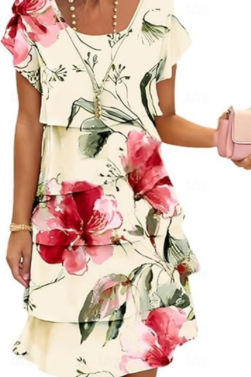 Dam Midiklänning Sommarklänning Klänning med tryck Elegant Dagligen Normal Blommig Geometrisk Kortärmad Rund hals Ljusgul Ljusrosa Ljusrosa Dammig ros Sommar 2026 - $26.99 –P2