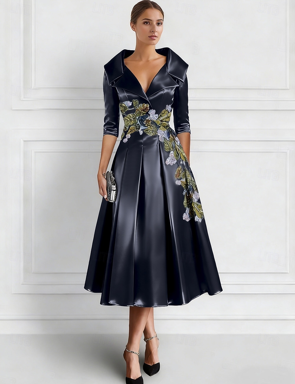 Corte A Vestidos Vestido Midi Bordado con cuentas Vestido formal Vestido de madre de la novia Vestidos de coctel Vestidos de fiesta Elegante Vintage Media Manga Cuello Camisero Formal Invitado a la 2026 - $195.99 –P1