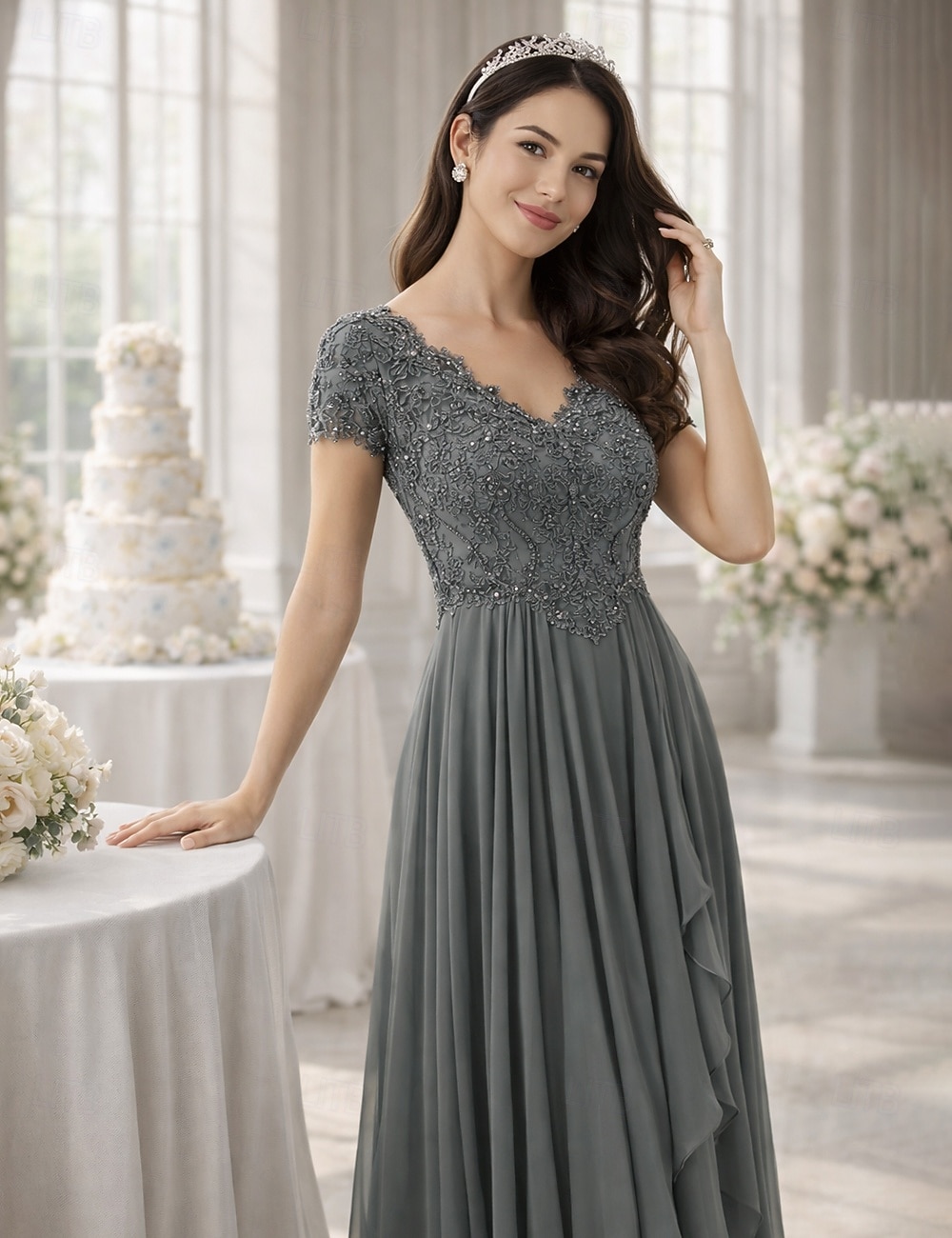А-силуэт В пол Свадебное платье для гостей Вечернее платье Платье для матери невесты С короткими рукавами V-образный вырез Элегантный стиль Простой 2026 - $146.99 –P3