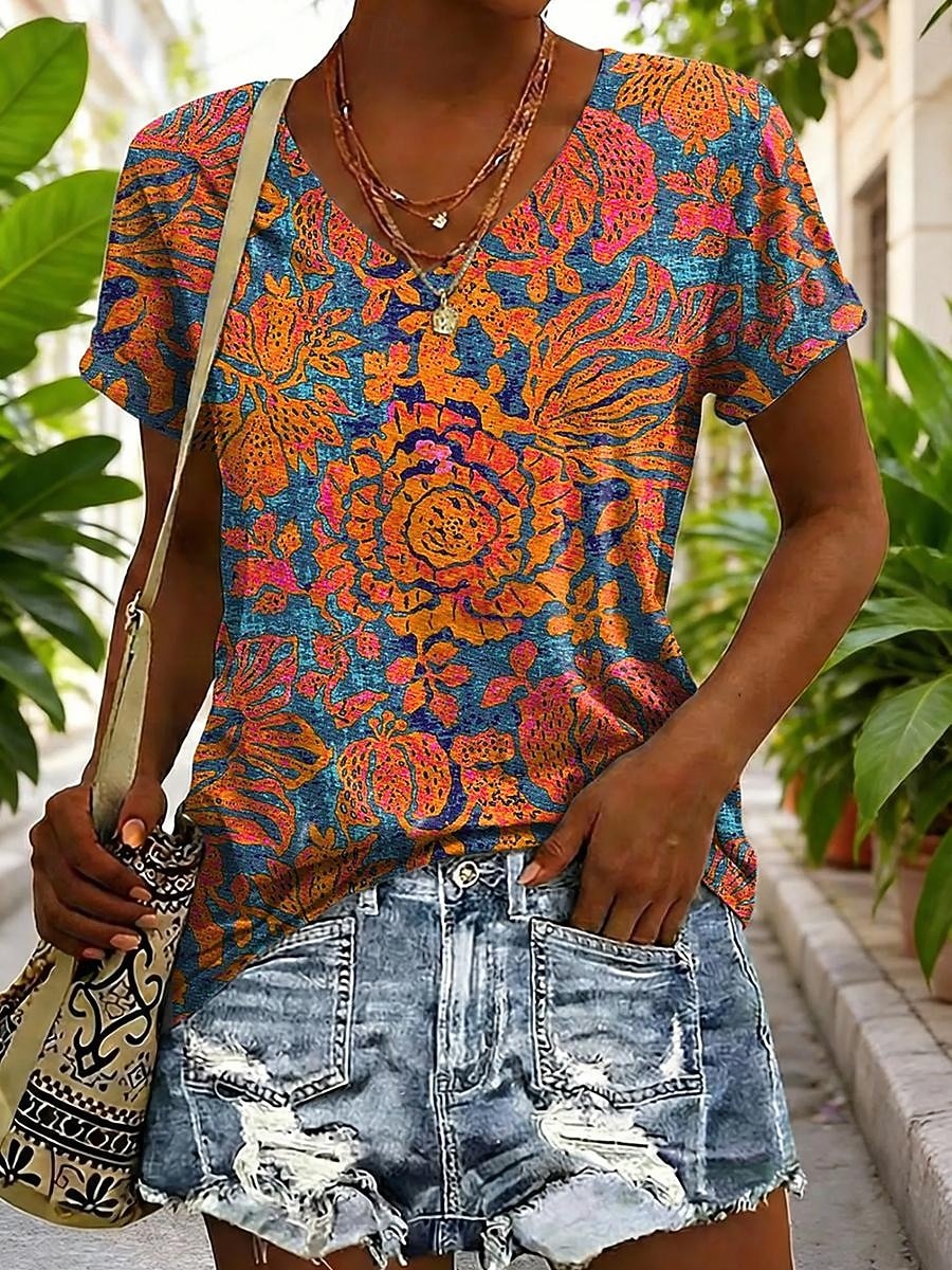 Mujer Camiseta Estampado Graphic Geométrico Plantas Vintage Elegante Clásico Manga Corta Escote en Pico Tops regulares Diario Azul Piscina Amarillo Naranja Verano Primavera 2026 - $21.99 –P1