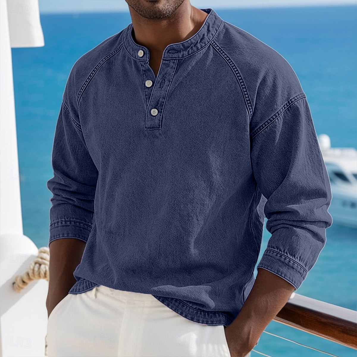 Voor heren T-shirt Henley-shirt Overhemd van 100% katoen met zure wassing Lange mouw Effen Effen kleur Vintage Streetwear Casual Kledingstuk geverfd Bleek Puur Opstaand Henley Casual Huis Straat 2026 - $33.99 –P17