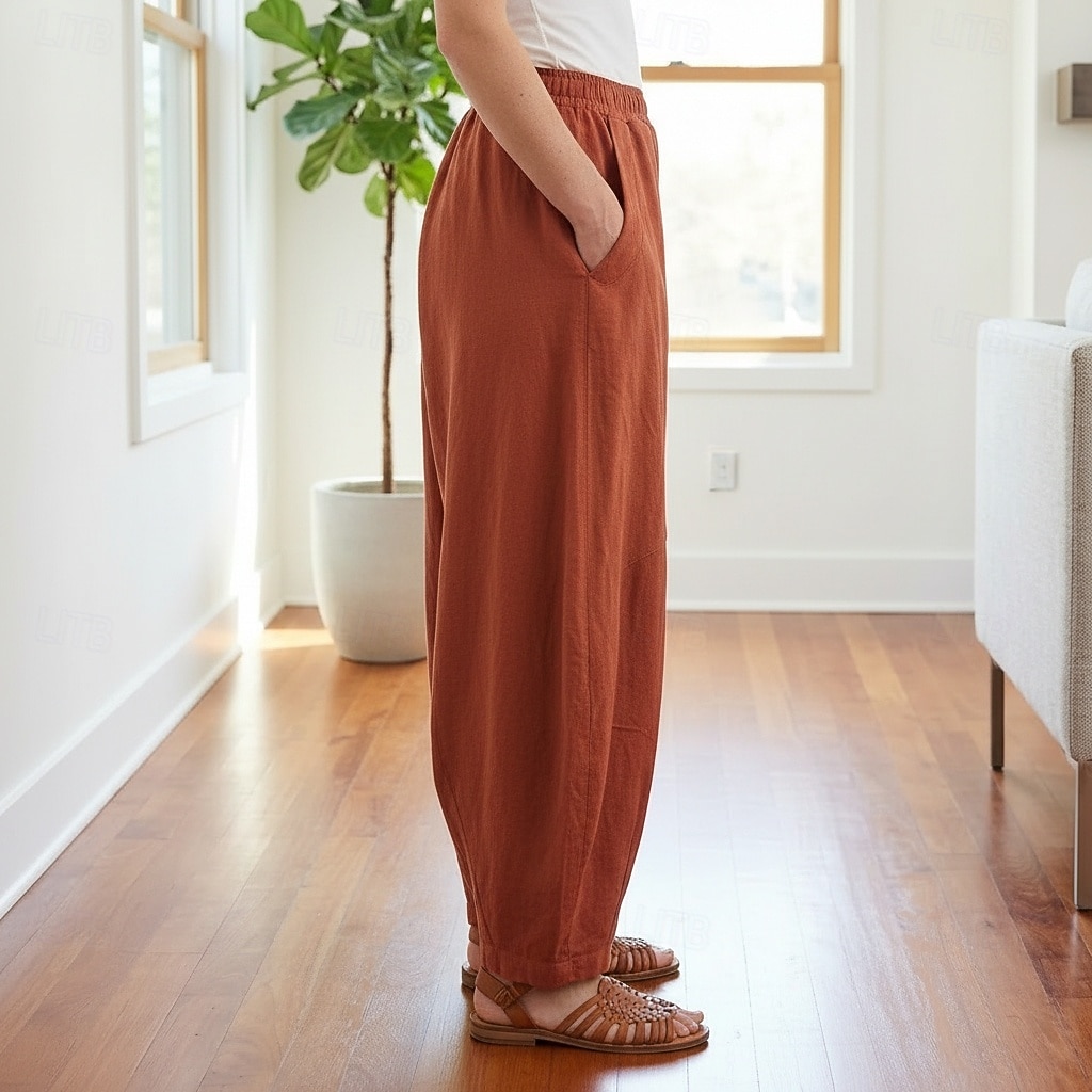 Dam Byxor av linne i bomull Kinesiska Sommarbyxor underbyxor Semester Streetwear Grundläggande Fullängd Medium Midja Slät Ficka Elastiskt midjeband Bekväm Komfort Microelastisk Dagligen Utomhus Gata 2026 - $49.99 –P4