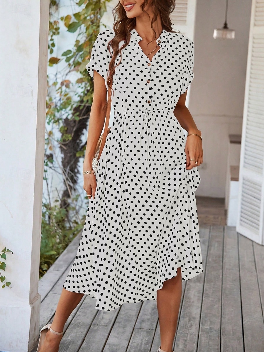Damen Midikleid A Linie Kleid Urlaub Lässig Outdoor Ausgehen Normale Passform Tupfen Kurzarm Umlegekragen Blau Marineblau Weiß Rosa Sommer Frühling 2026 - $41.99 –P4