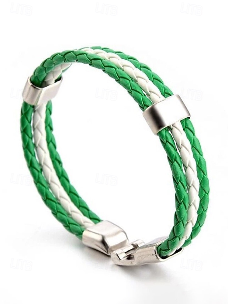 2026年 男性用のセントパトリックスデー編み込みフェイクレザーブレスレット、グリーンとホワイトの編み込みリストバンド、メタルクラスプ付き、男性用カジュアルアイリッシュスタイルジュエリー、ホリデーパレード、パーティー、お祭りの装いに最適  コレクション – $7.99 –P5