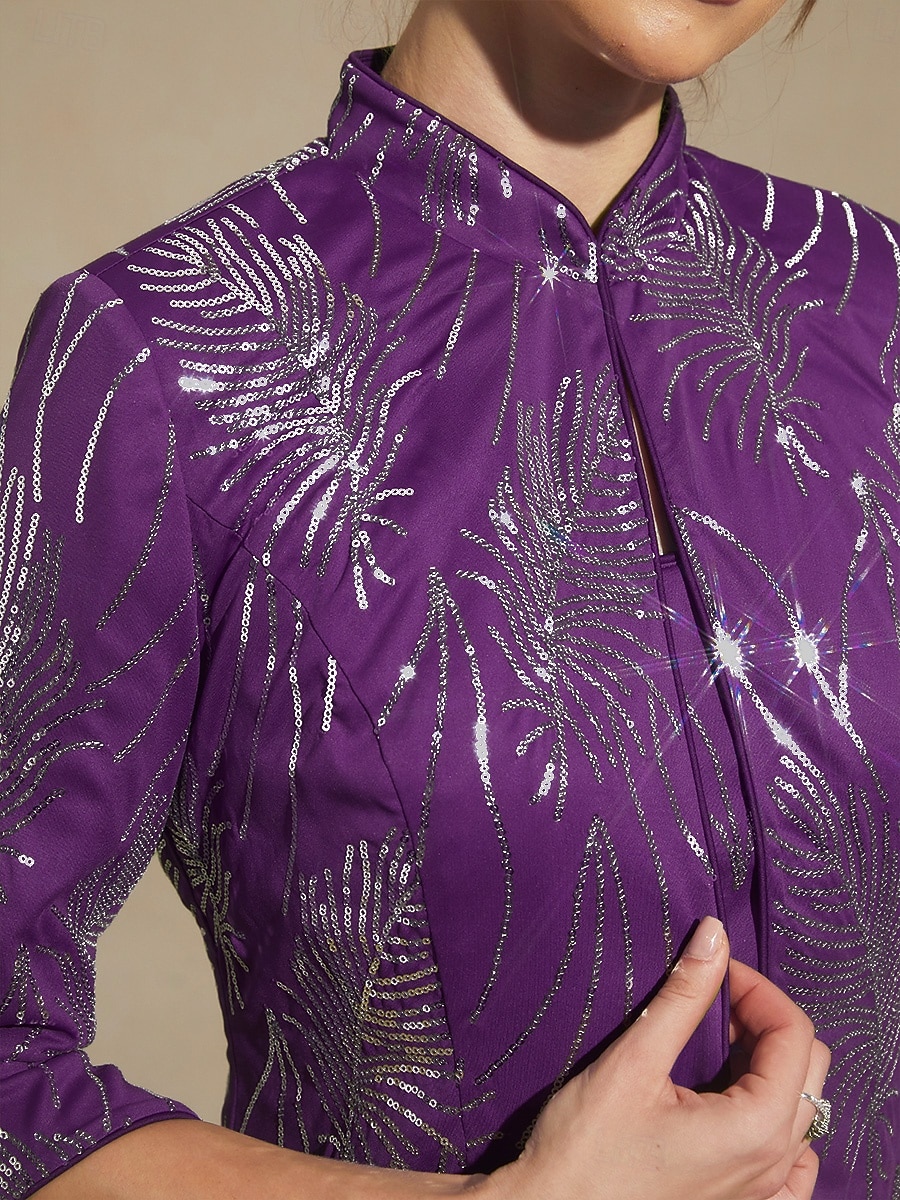 omen's Twinset Blouse Dressy Tops Evening Tops Feather Sequins Elegant 3/4 Length Sleeve Mandarin Collar Regular Tops Party Evening Wear Evening Party Sequins Eggplant Spring Fall Winter 2026 - $103.99 –P2