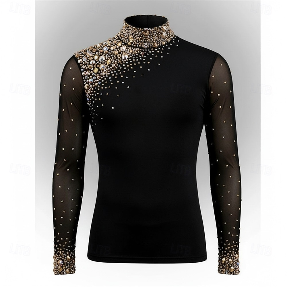 Figure Skating Top Men's Ice Skating Tops Black Patchwork Stretchy Training Competition Skating Wear Classic Crystal / Rhinestone Long Sleeve Ice Skating Figure Skating 2026 - $265.49 –P1