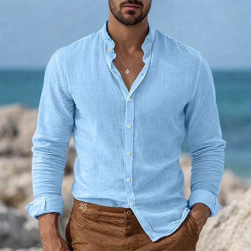 Homens Camisa Social Camisa de linho Camisa de colarinho chinês Camisa gola mandarim Camisa casual camisa de botão Tecido Streetwear Férias Azul Preto Branco Rosa Manga Longa colarinho do vovô de 2026 por $31.99 –P1