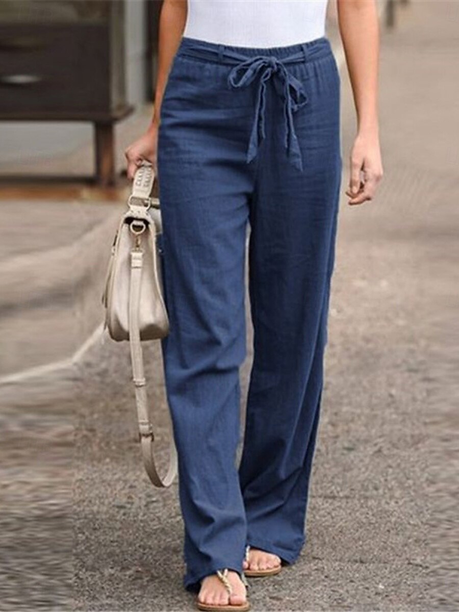 Dam Brett skaft Långbyxor Casual byxor Semester Mode Streetwear Fullängd Hög midja Slät Snörning Ficka Elastisk midja Komfort Oelastisk Dagligen Semester Gata Svart Vit Marinblå Grön Sommar Vår Höst 2026 - $19.99 –P7