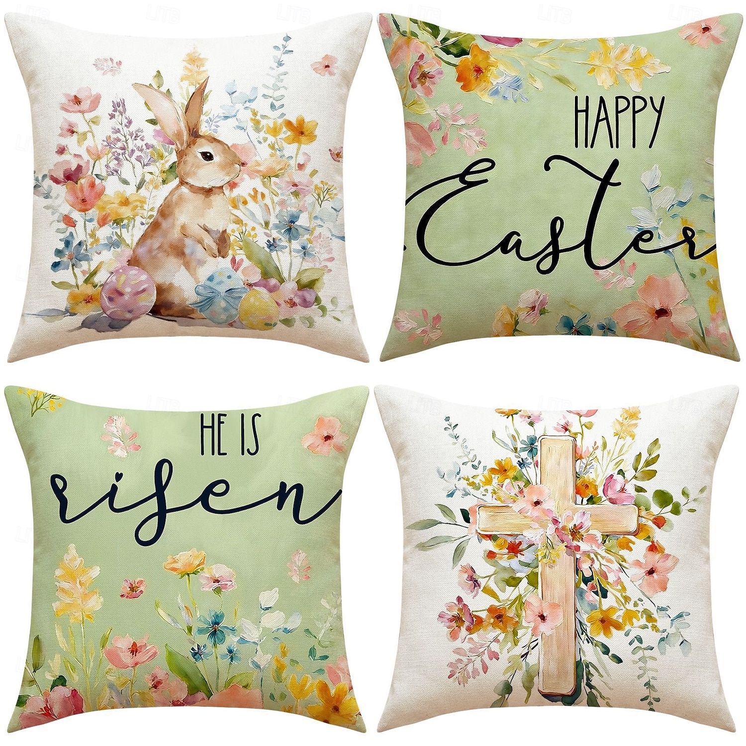 Sada 4 lněných prodyšných povlaků na polštáře s potiskem velikonočních zajíčků, jarní domácí dekorativní povlaky na polštáře na pohovku 2026 - $16.99 –P5