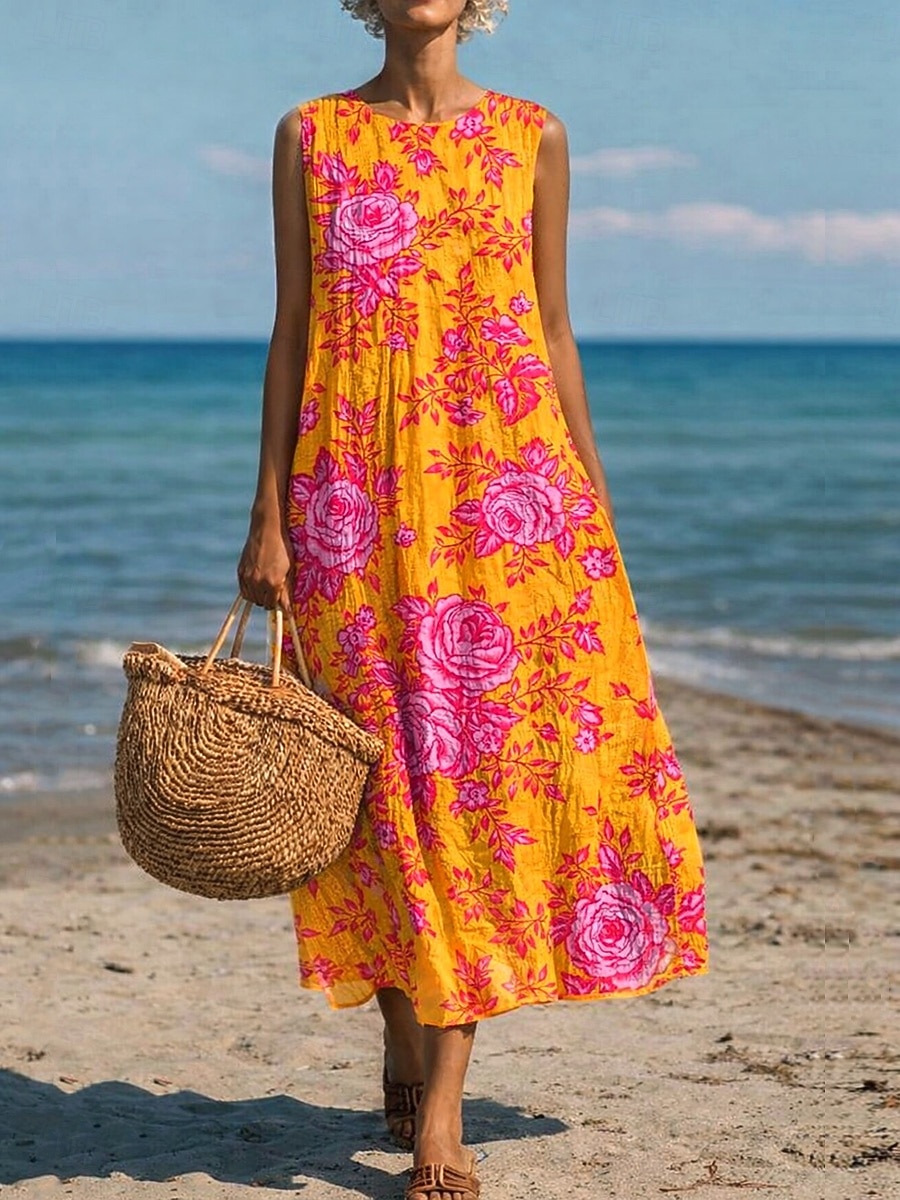 Women's Midi Dress Shift Dress Sundress A Line Dress Vacation Casual Boho Beach Party Going out Loose Fit Floral Graphic Sleeveless Crewneck Light Yellow Deep Green Gray Green Orange red Summer Spring 2026 - $37.99 –P3