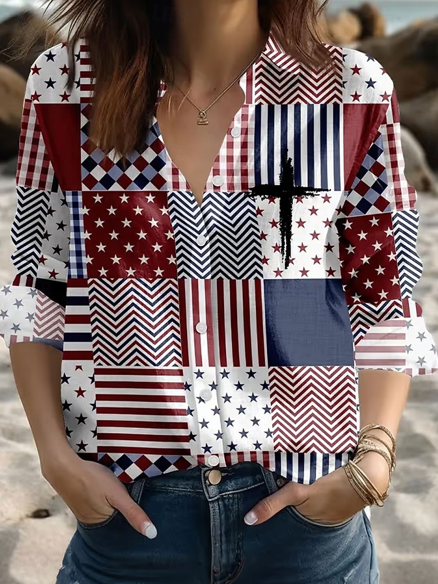 Jour de l'Indépendance Américaine Femmes Chemise Boutons Imprimé Graphique Drapeau Américain Élégant ancien Tropical manche longue Col de chemise Hauts Réguliers Quotidien Travail Bleu Noir Blanche de 2026 ? $36.99 –P2