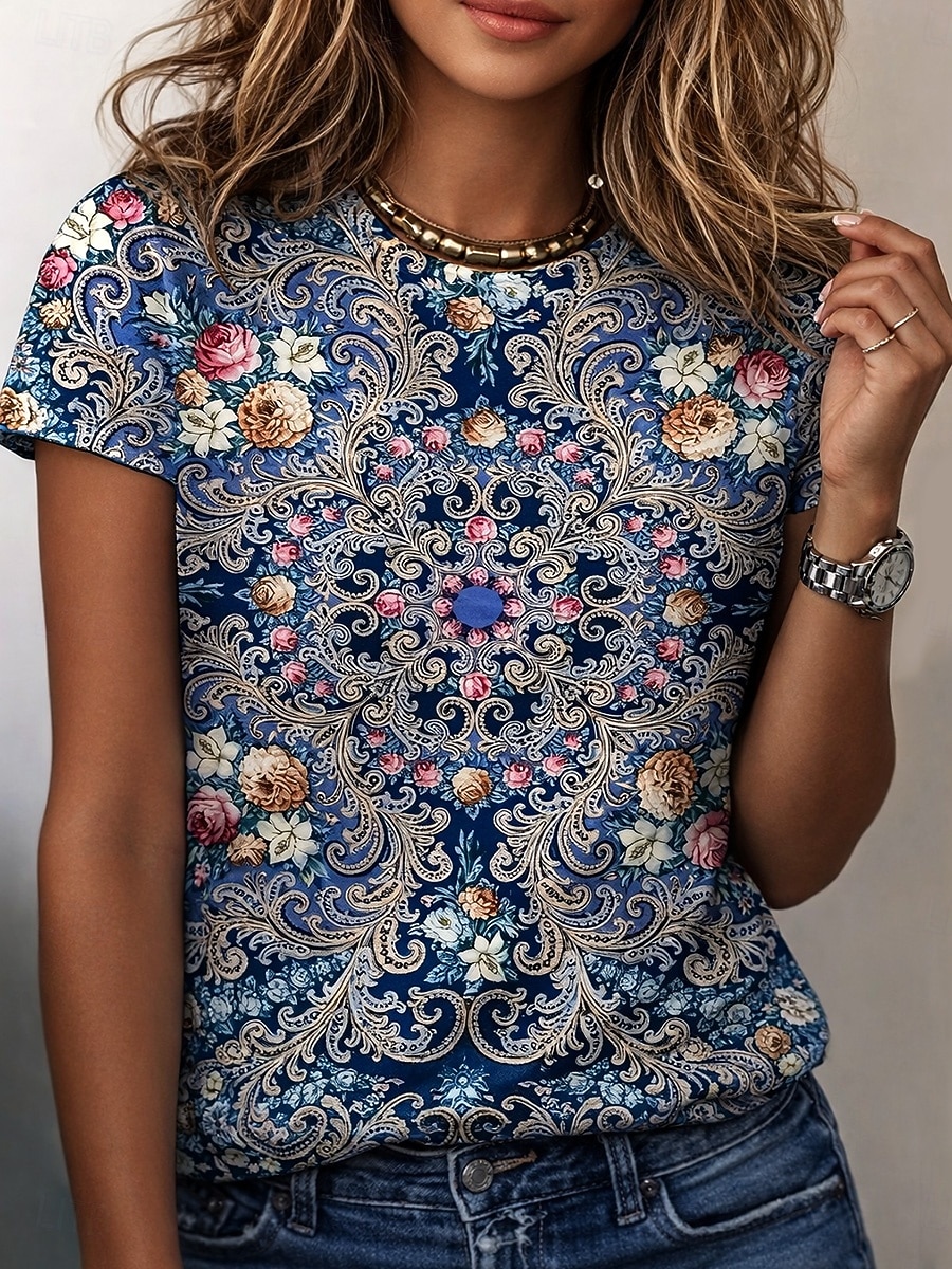 Per donna Maglietta Stampato Floreale Grafico Paisley Bohemien Vintage Elegante Manica Corta Girocollo Scollo a V Top lunghi Quotidiano Uscire Weekend Blu Nero Verde chiaro Viola Verde Estate del 2026 a $7.99 –P6