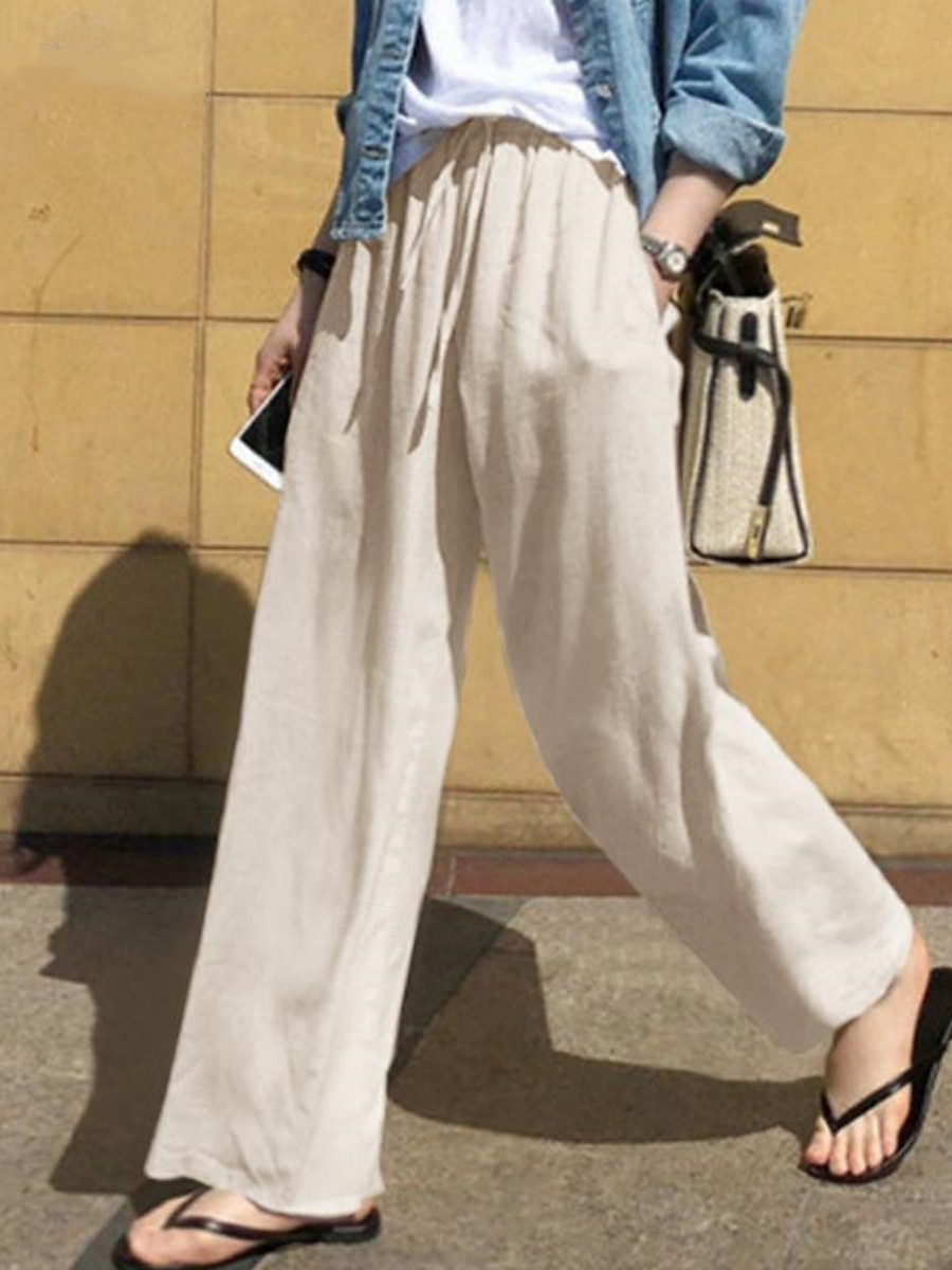 Damen Kunstbaumwollleinen Weites Bein Chinos Sommerhose Urlaub Mode Streetwear Volle Länge Hohe Taille Einfach Tasche Elastischer Bund Bequem Komfort Weich Dehnbar Täglich Outdoor Straße Marineblau 2026 - $22.99 –P5