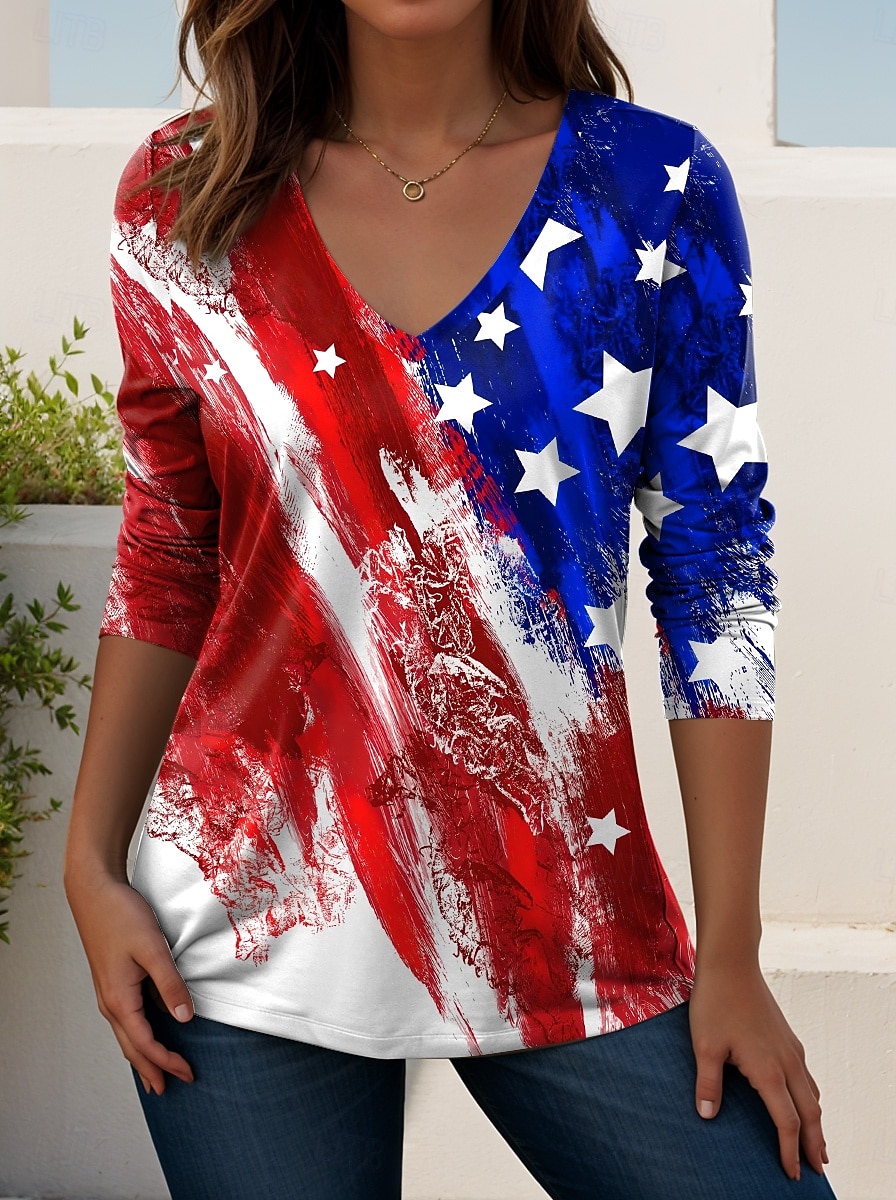 Giorno dell'Indipendenza Americana Per donna Maglietta Stampato Grafico Bandiera Americana Vintage Elegante Classico Manica Lunga Scollo a V Top Regolari Quotidiano Weekend Blu Nero Blu turchese del 2026 a $24.99 –P2