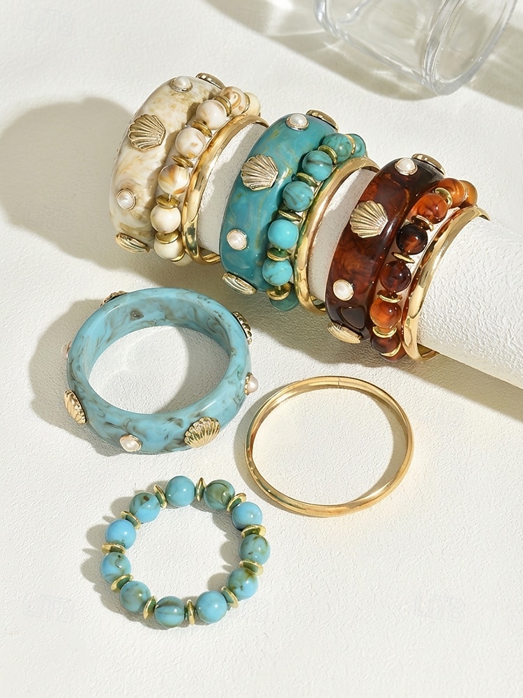 Conjunto de pulsera de aleación acrílica para mujer, brazalete de moda multicolor y joyería apilable con cuentas, accesorios de muñeca estilo bohemio informal para vacaciones, viajes a la playa, uso diario y ocasiones de ocio. 2026 - $11.99 –P5