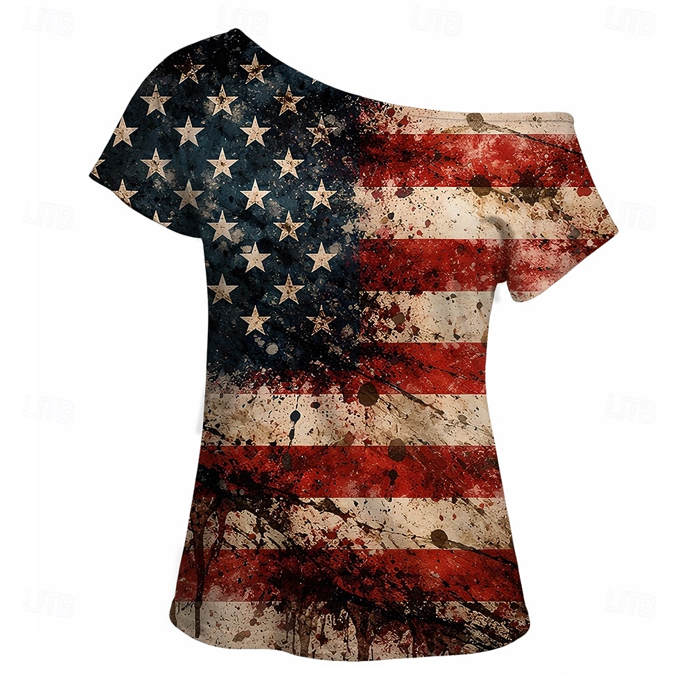 250-летие США Ретро В стиле 1980-х Короткий Как у футболки На одно плечо Короткие рукава Флаг США Маскарадный костюм Жен. 4 июля День независимости Взрослые Футболка 2026 - $18.99 –P3