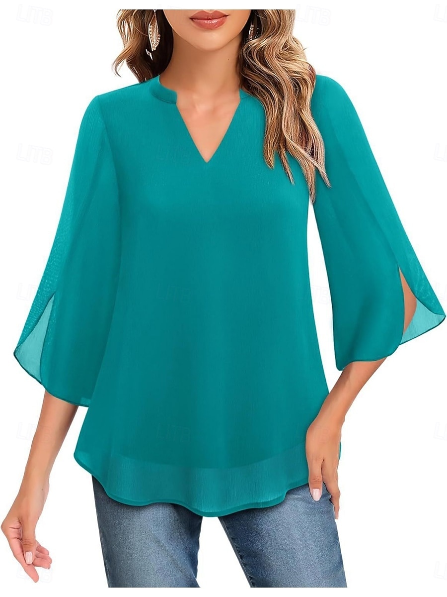 Women's Blouse Solid Color Elegant Stylish Casual 3/4 Length Sleeve V Neck Regular Tops Daily Pink Wine Red Royal Blue Green Summer Spring 2026 - $21.99 –P13