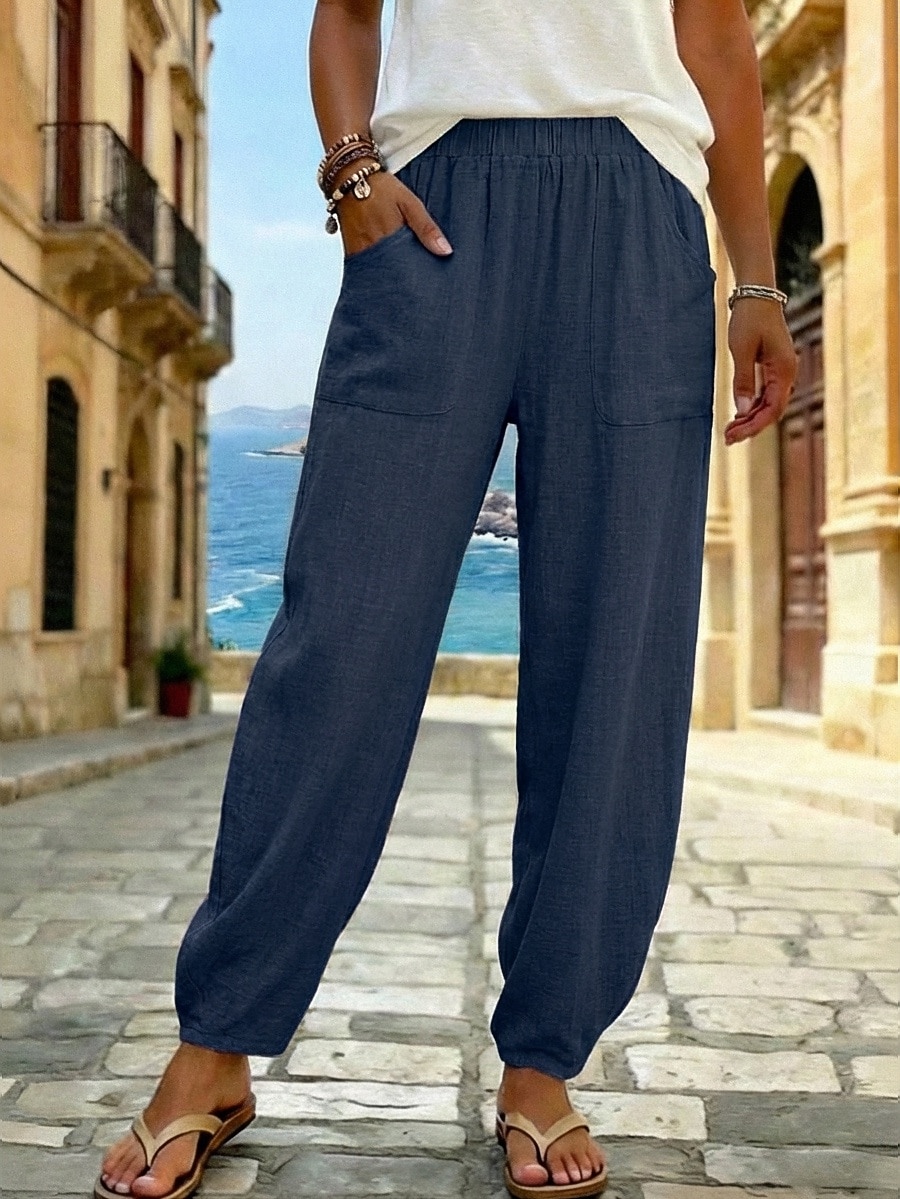 pantaloni estivi da donna 100% cotone pantaloni pantaloni da spiaggia vacanza boho lunghezza alla caviglia colore naturale tinta unita tasca vita elasticizzata spiaggia casual nero bianco verde militare blu scuro estate primavera autunno del 2026 a $21.99 –P3