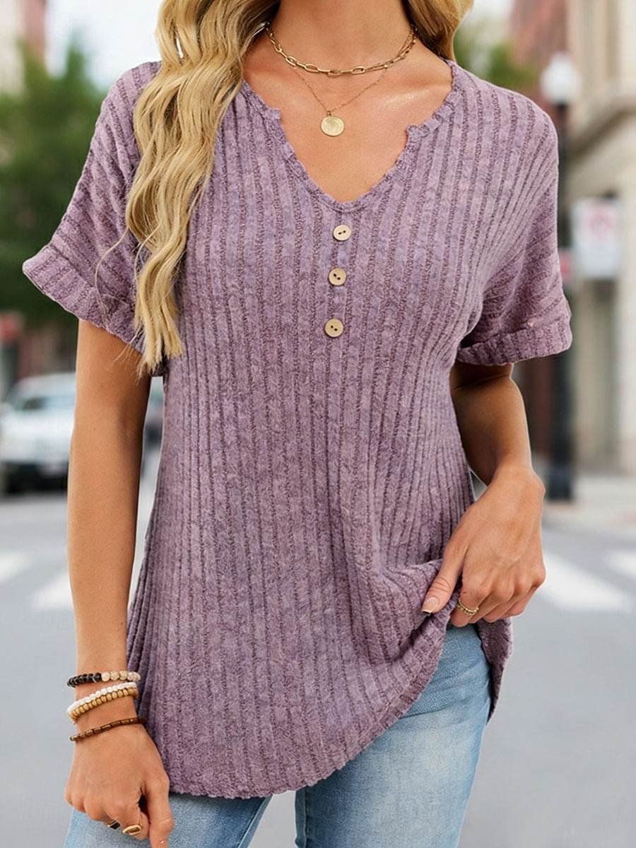 Damen T Shirt T-Shirt Einfarbig Elegant Vintage Mode Kurzarm V Ausschnitt Normale Oberteile Täglich Sport Wochenende Blau Purpur Khaki Sommer Frühling Herbst 2026 - $27.99 –P3