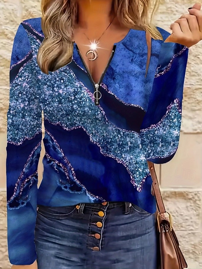 Per donna Maglietta Cerniera Stampato Grafico Geometrico Astratto Vintage Moda Elegante Manica Lunga Girocollo Top Regolari Quotidiano Blu Rosa Viola Primavera Autunno del 2026 a $25.99 –P1