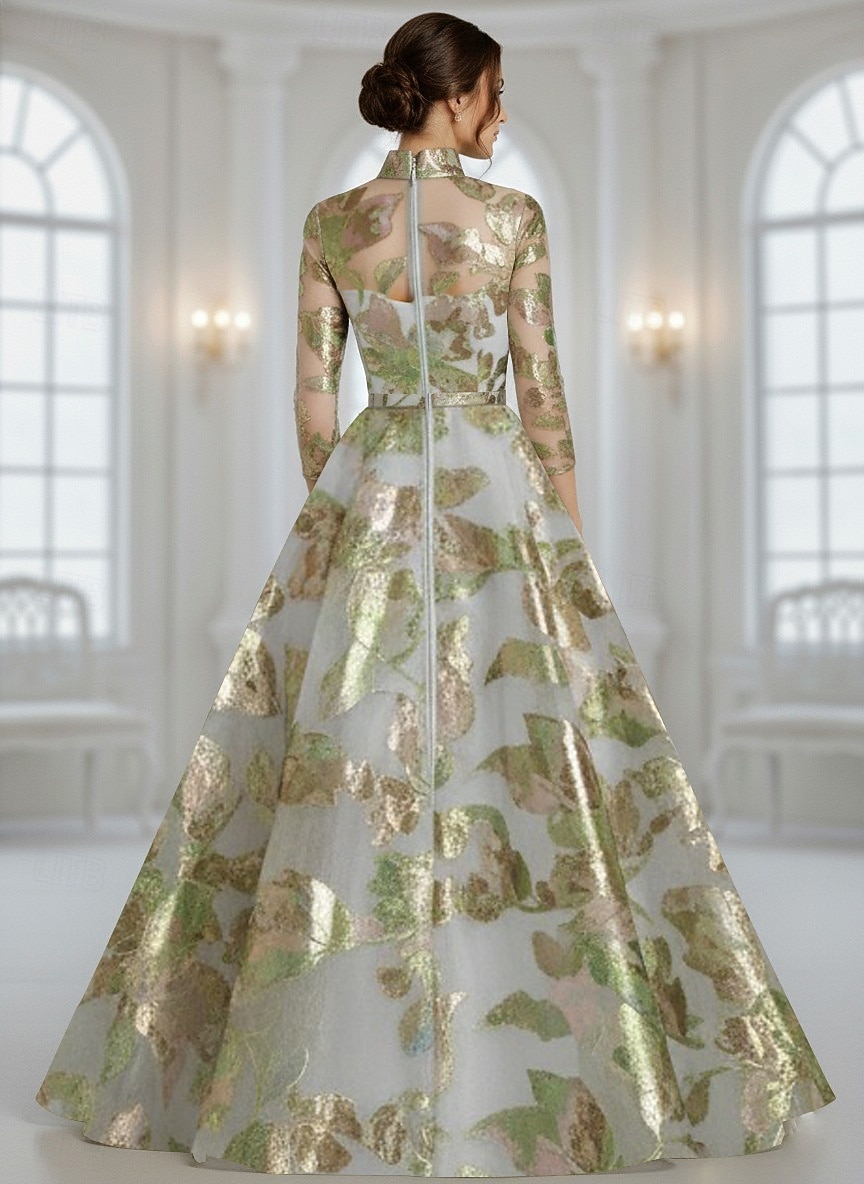 A-Line Floor Length Evening Gown Ball Gown Formal Dress Elegant Floral 3/4 Length Sleeve High Neck Wedding Formal Pocket Jacquard with Pocket 2026 - $206.99 –P2