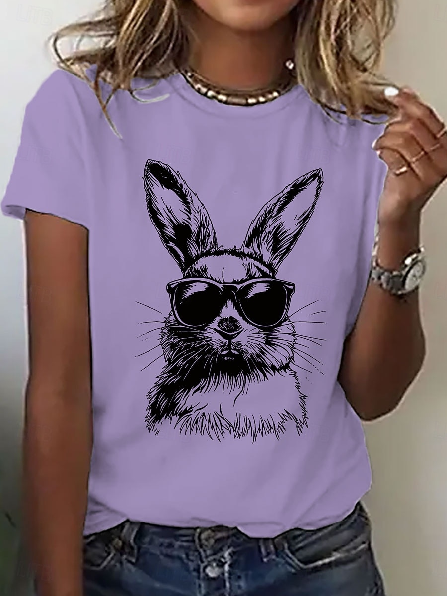 Pâques Femmes T-shirt Imprimé Graphique Animal Élégant Classique Occasionnel Manche Courte Col rond Hauts Réguliers Quotidien Bleu Noir Blanche Violet Été Printemps de 2026 ? $22.99 –P2