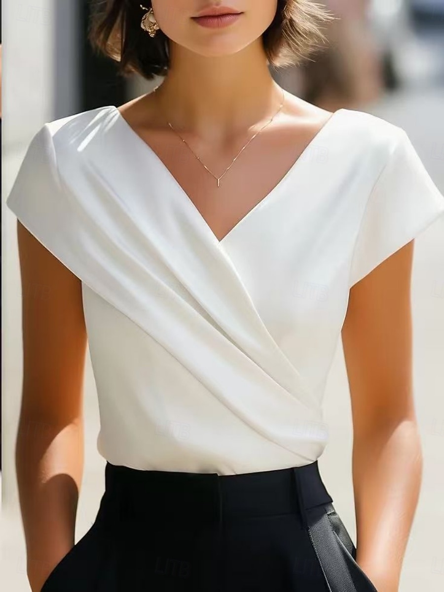 Damen Sommerhemd Kleidhemd Bluse Kreuz und quer Einfarbig Elegant Stilvoll Basic Kurzarm V Ausschnitt Normale Oberteile Täglich Outdoor Arbeit Weiß Sommer Frühling 2026 - $25.99 –P1