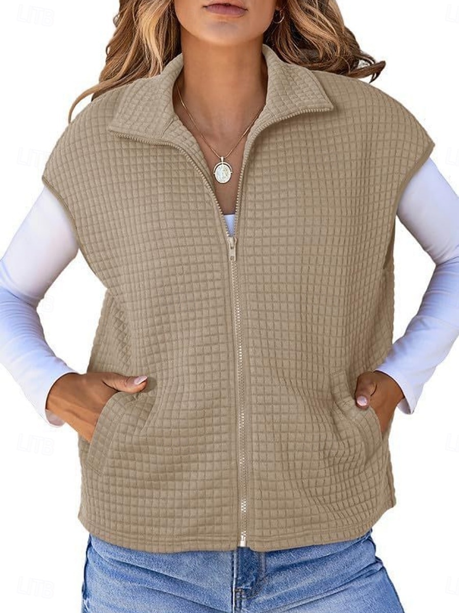Women's Casual Jacket Comfortable Breathable Zipper Pocket Buttons Casual Plain Casual Vacation Street Daily Wear Zipper Regular Turndown Regular Fit Short Sleeves Outerwear Black White Brown Spring 2026 - QAR 109.79 –P2