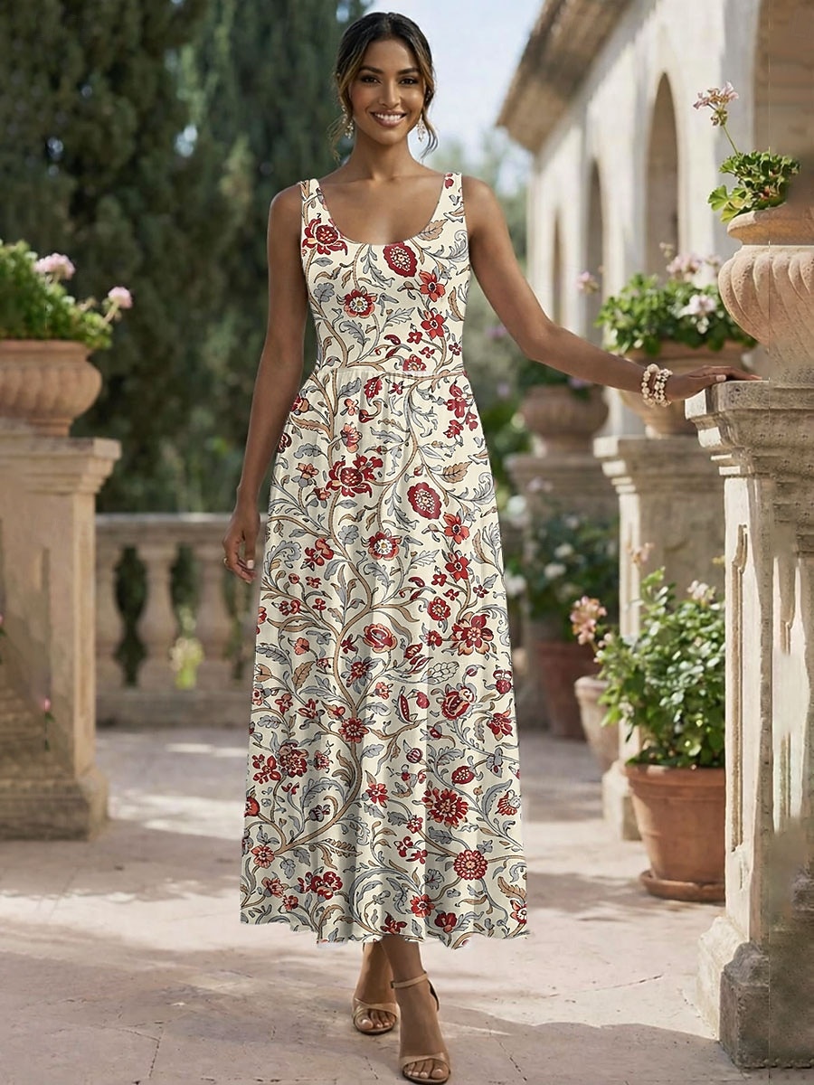 Damen Midikleid Sommerkleid A Linie Kleid Unterkleid Faltenkleid Urlaub Lässig Boho Strand Date Normale Passform Blumen Grafik Ärmellos U-Ausschnitt Rundausschnitt Rosa Rote Grün Beige Sommer Frühling 2026 - $33.99 –P2