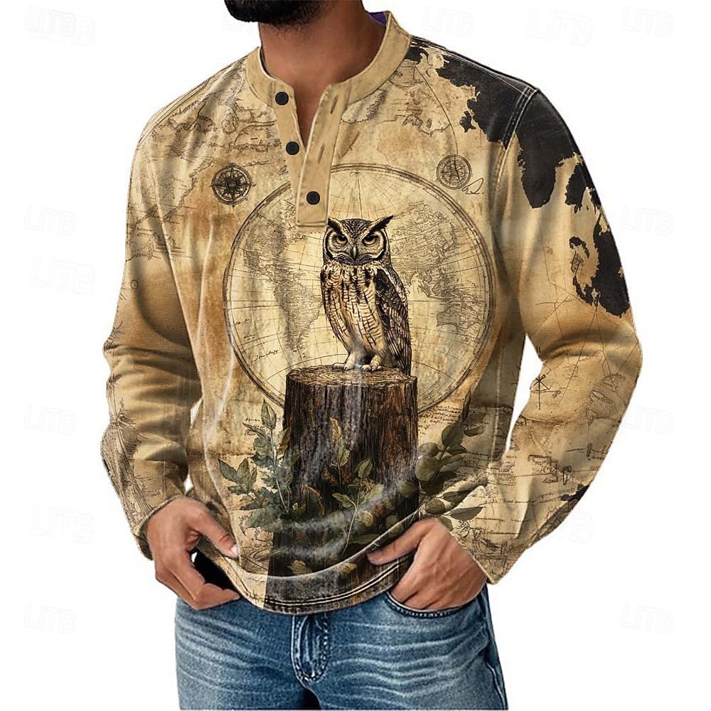 Miesten Kuvitettu Pöllö Henley-paita Pitkähihainen Muoti söpö tyyli Päivittäin Kausaliteetti Pyhäpäivä Bile Syystalvi Kevät Sininen Purppura Khaki Harmaa Henley Henley T-paita 2026 - $22.99 –P1