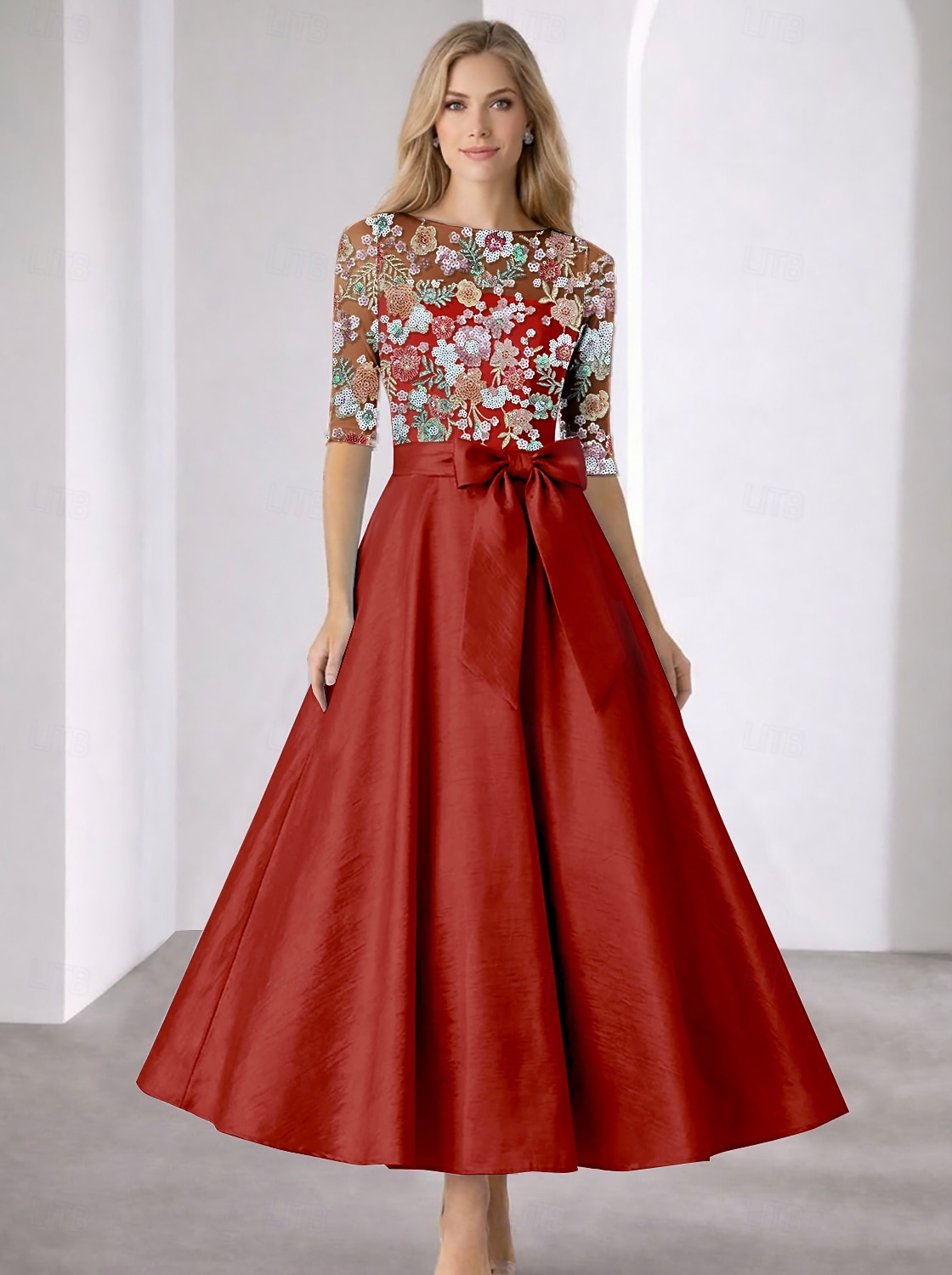 Linea ad A Lunghezza alla caviglia Lunghezza Tè Vestito da Festa Abito da Cocktail Abito da invitata a nozze Abiti da Cocktail Elegante Scintillante Manica 3/4 Scollo a Barca Festa in giardino Formale del 2026 a $182.99 –P5