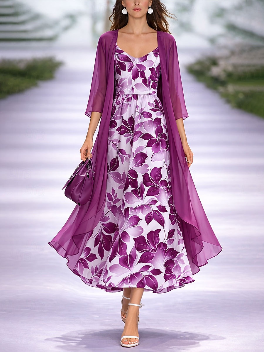 Mujer Conjunto de vestido Vestido de una línea Elegante Vacaciones Floral Graphic Multi capa Estampado Vestido Midi Manga 3/4 Escote en Pico Diario Vacaciones Azul Piscina Morado Verde Trébol Verano 2026 - $51.99 –P2