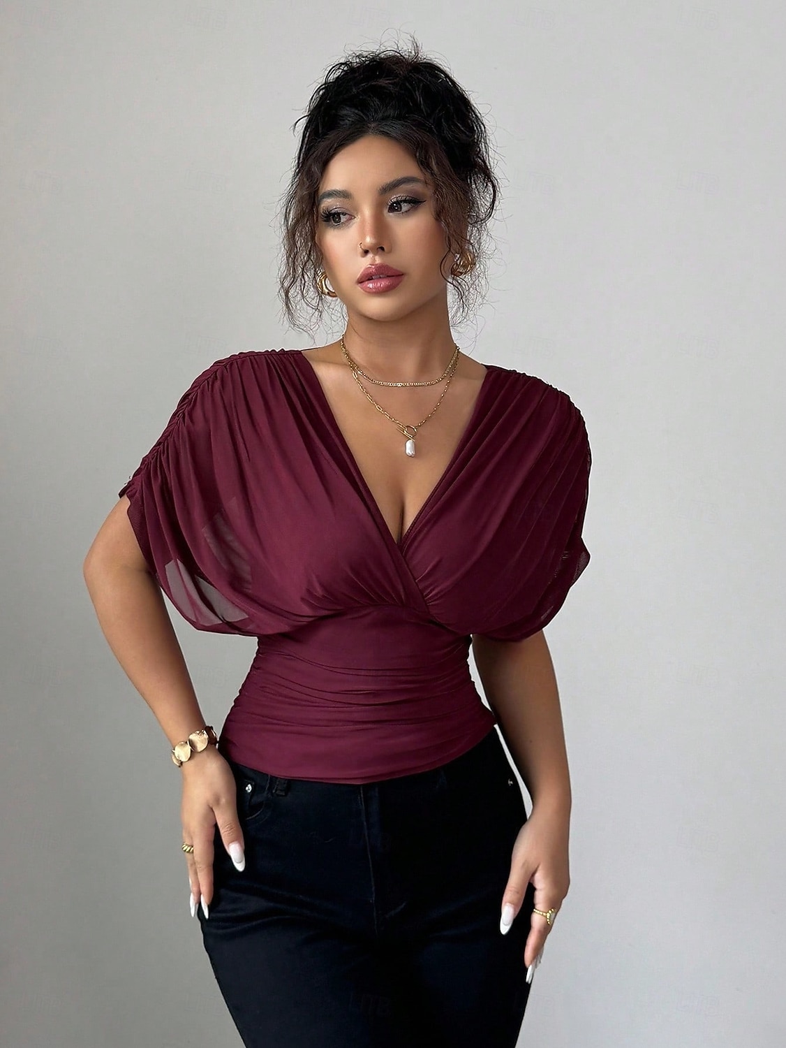 Per donna Blusa Tinta unica Semplice Elegante Vintage Moda Manica Corta Scollo a V Scollo profondo Top Regolari Rosso violaceo Marrone caffè Nero Verde militare Estate Primavera del 2026 a $24.99 –P3