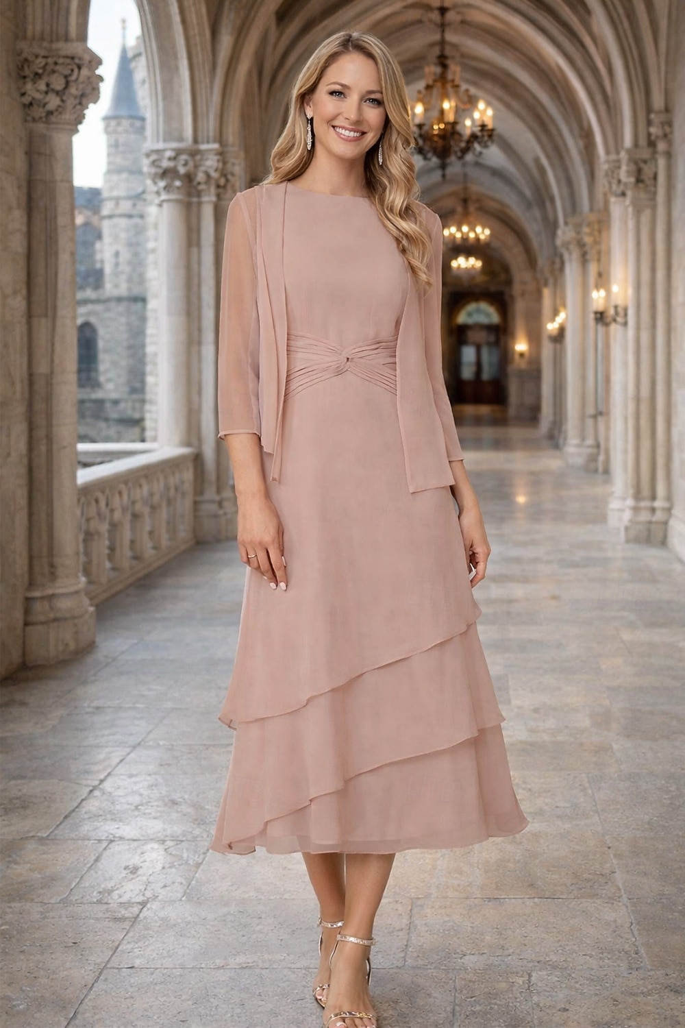Tubino Colonna Lunghezza Tè Abito da invitata a nozze Abito da cerimonia per signora Manica 3/4 Collo gioiello Elegante Ospite di nozze Chiffon Con Stola con Arricciatura del 2026 a $160.99 –P12