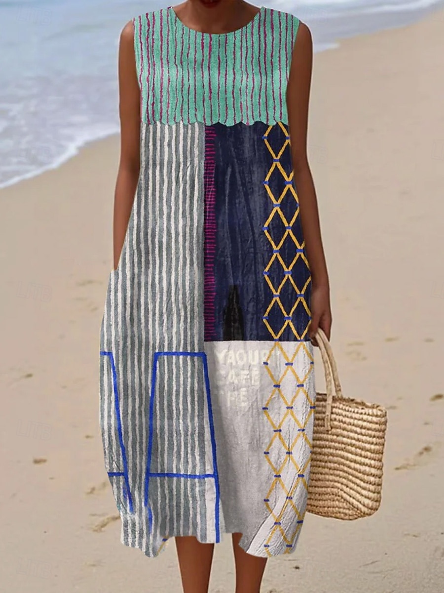 Women's Midi Dress Shift Dress Sundress A Line Dress Vacation Casual Boho Beach Going out Loose Fit Graphic Geometric Abstract Sleeveless Crewneck White Yellow Green Khaki Summer Spring 2026 - $37.99 –P1