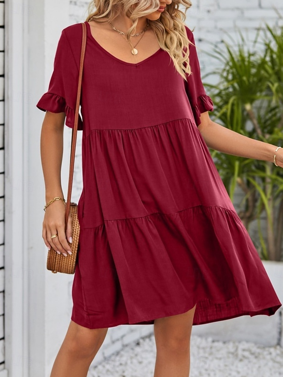 Dames Mini-jurk Casual jurk Katoenen jurk Zomerjurk Elegant Modieus Modern Buiten Vakantie Uitgaan Ruim Passend Effen Korte mouw V-hals Zwart Wit Leger Groen Bordeaux Zomer Lente 2026 - $21.99 –P8
