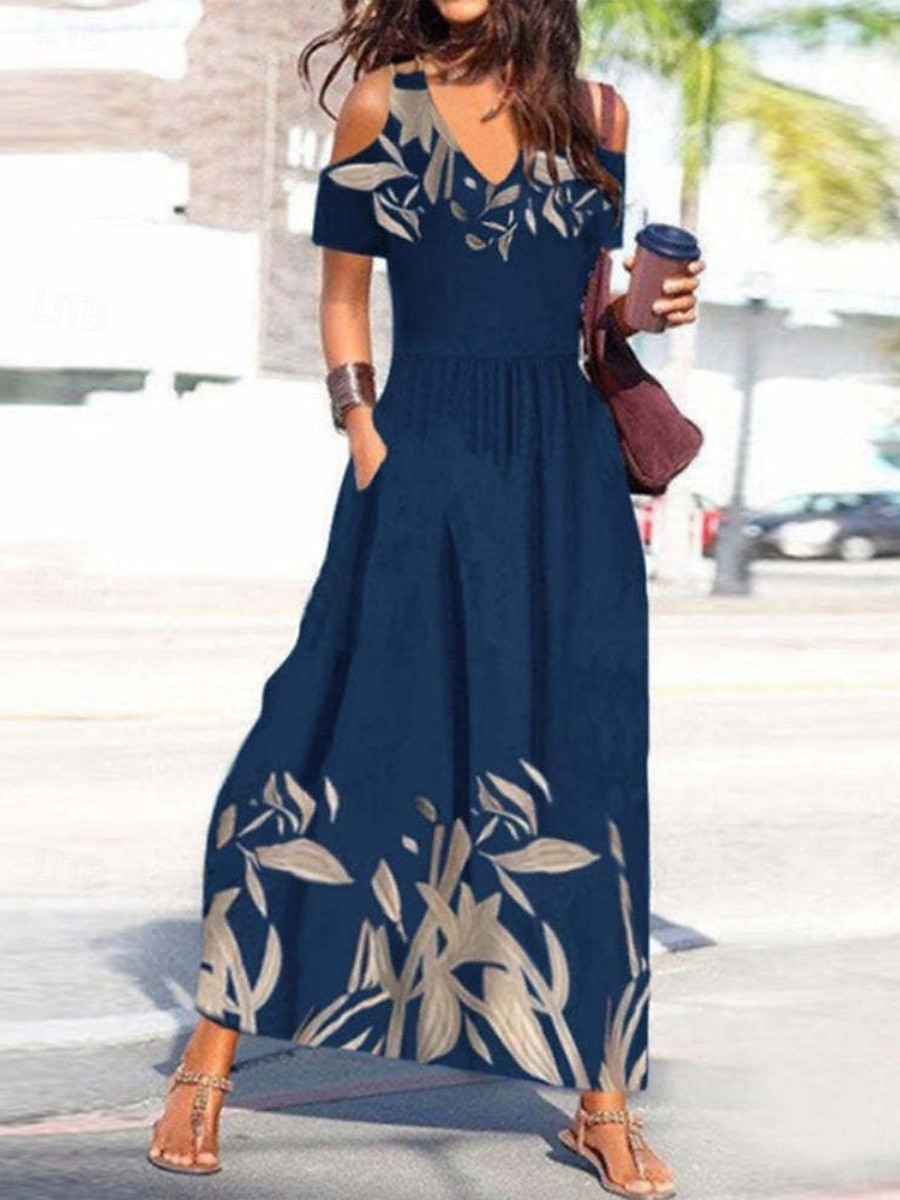 Women's Maxi Dress Beach Dress Casual Dress Floral Dress Elegant Fashion Modern Outdoor Vacation Going out Regular Fit Floral Short Sleeve V Neck Black Yellow Dark Blue Summer Spring 2026 - $25.99 –P1