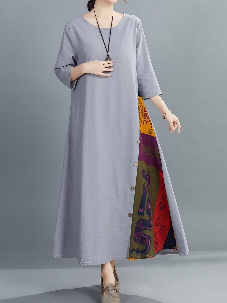 Robe maxi en lin pour femme faux coton robe décontractée coupe ample graphique floral manches 3/4 col rond noir jaune rouge violet été printemps de 2026 ? $22.99 –P16