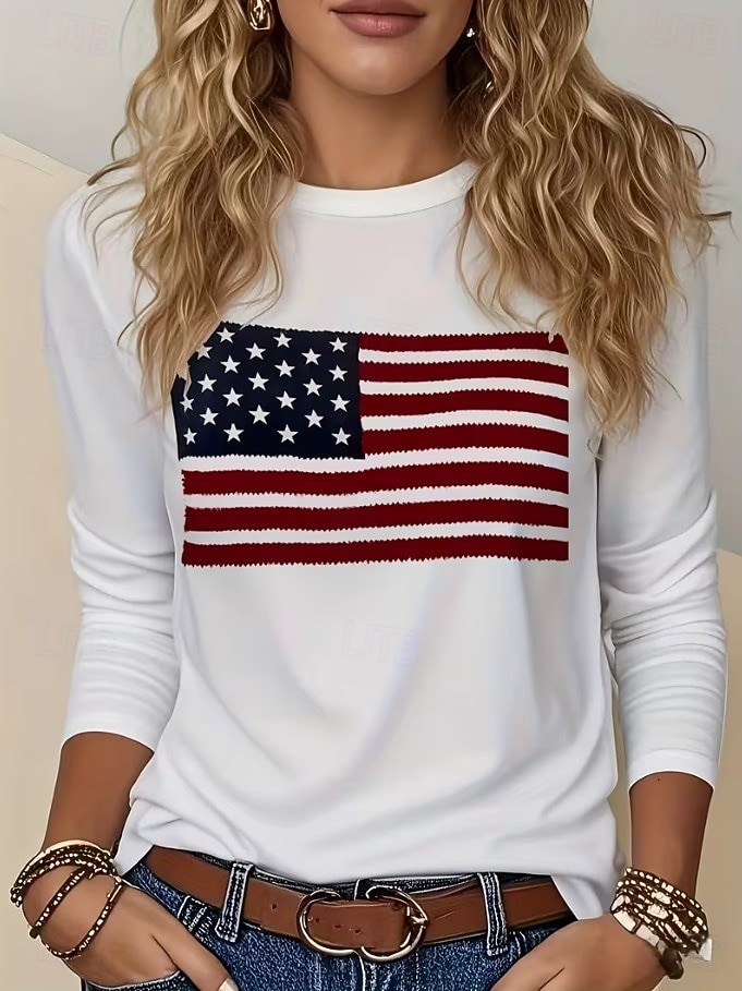 Patriotické dámské tričko na Den nezávislosti potisk grafická vlajka americká vlajka stylové klasické příležitostné dlouhý rukáv crew neck běžné topy každodenní bílé léto jaro 2026 - $24.99 –P1