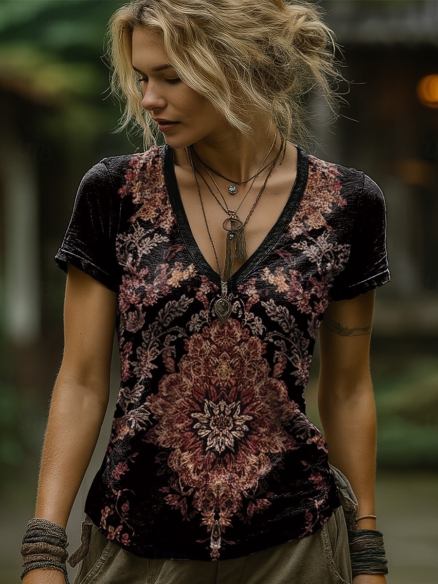 Damen T Shirt Druck Grafik Paisley-Muster Pflanzen Bohemien Vintage Stilvoll Kurzarm V Ausschnitt Lange Oberteile Täglich Ausgehen Wochenende Blau Schwarz Marineblau Braun Grün Sommer Frühling 2026 - $21.99 –P3