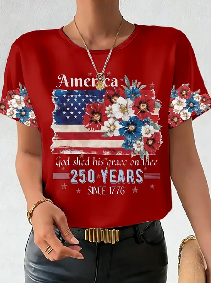 Giorno dell'Indipendenza Anniversary Americano Maglietta Patriottica da Donna Stampa Grafica Lettera Bandiera Americana Vintage Elegante Classica Manica Corta Collo Tondo Regolare Top Giornalieri Blu del 2026 a $22.99 –P3