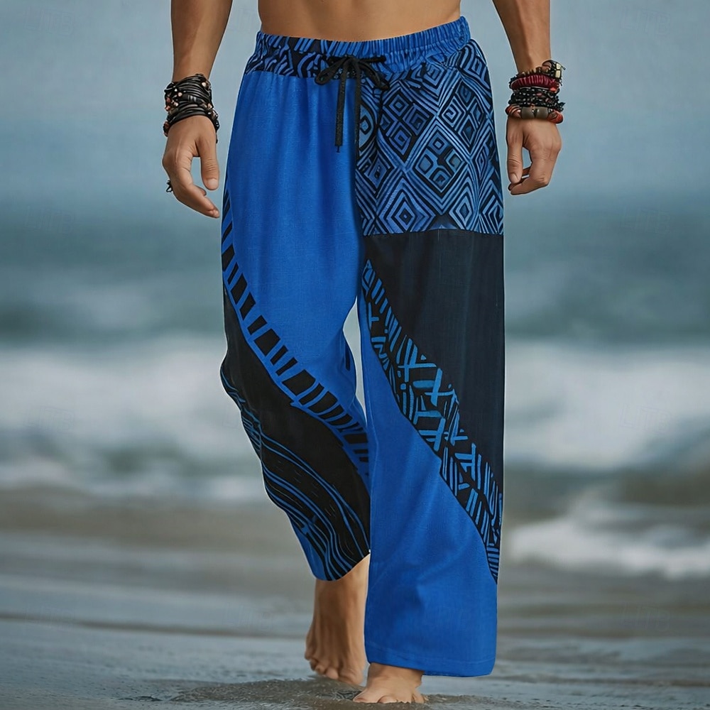 Men's Geometric Color Block Trousers Baggy Pants Casual Pants Mid Waist Fashion Home Outdoor Vacation Elastic Drawstring Waist Linen-Like Pants with Pockets Summer Spring 3D Print Blue Red Purple 2026 - $27.99 –P2