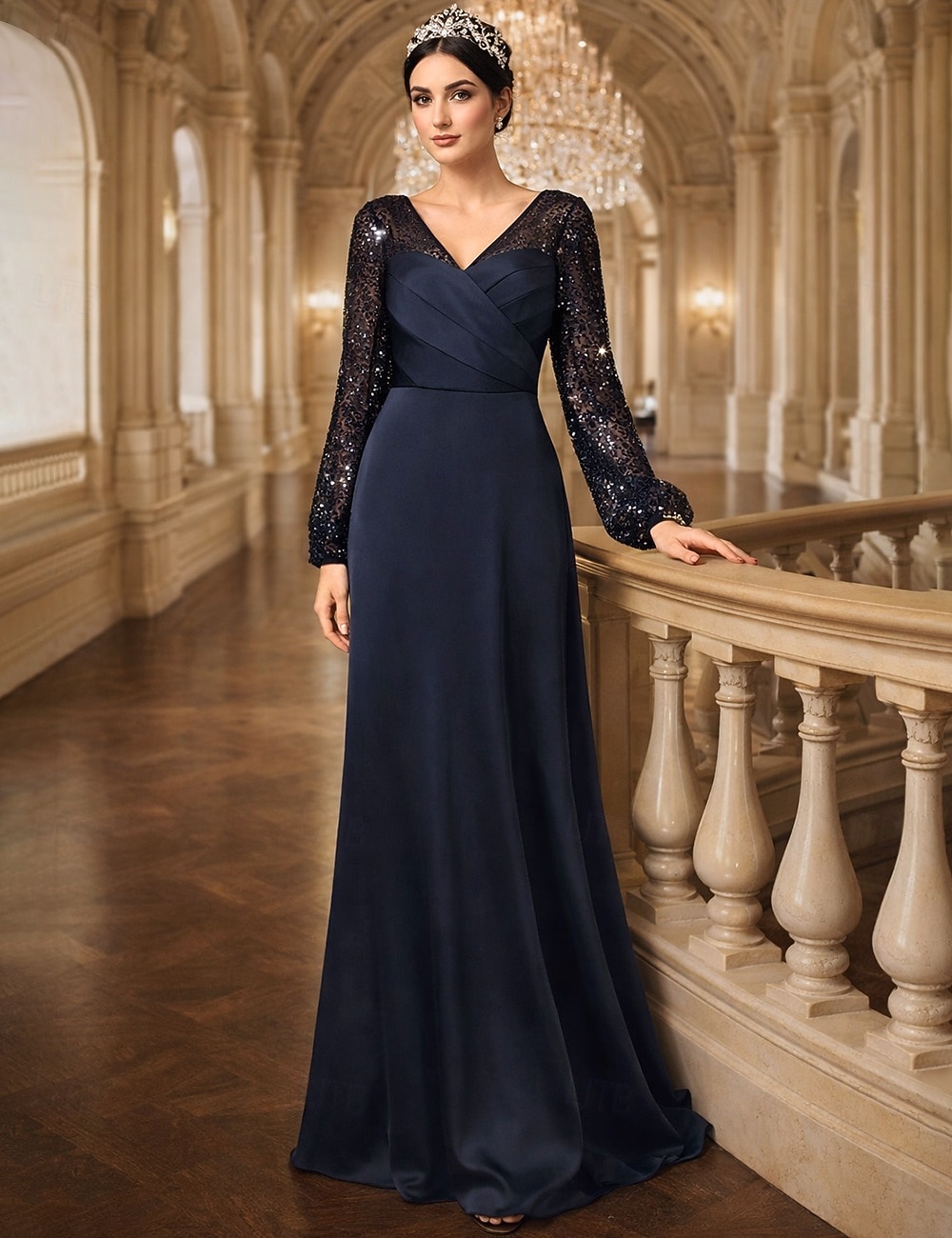 sachin and babi light blue dress Alex Evening Embroidered Illusion Boat Neck Short Sleeve Zipper Back  Chiffon Gown