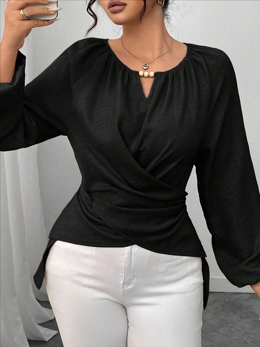 Women's Blouse Ruched Plain Elegant Stylish Basic Long Sleeve Crew Neck Regular Tops Daily Streetwear Black Pink Wine Green Khaki Spring Fall 2026 - $29.99 –P14