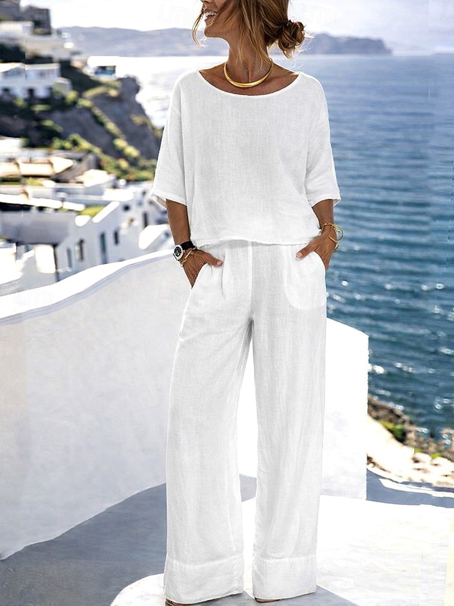 Mulheres Conjuntos de linho de algodão Conjuntos de calças Bolero Top Meia Manga Gola Redonda Côr Sólida Moda Roupa de rua Casual Diário Ao ar livre Azul Preto Branco Verão Normal de 2026 por $35.99 –P6